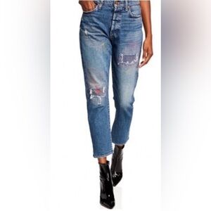 Alice + Olivia Distressed Boyfriend Jeans in Blue